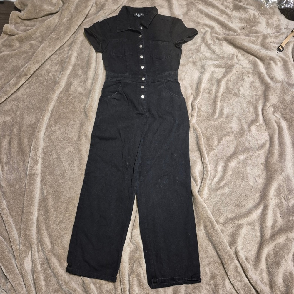 Lulus Black Denim Short Sleeve Utility Jumpsuit Button Front Cotton Small